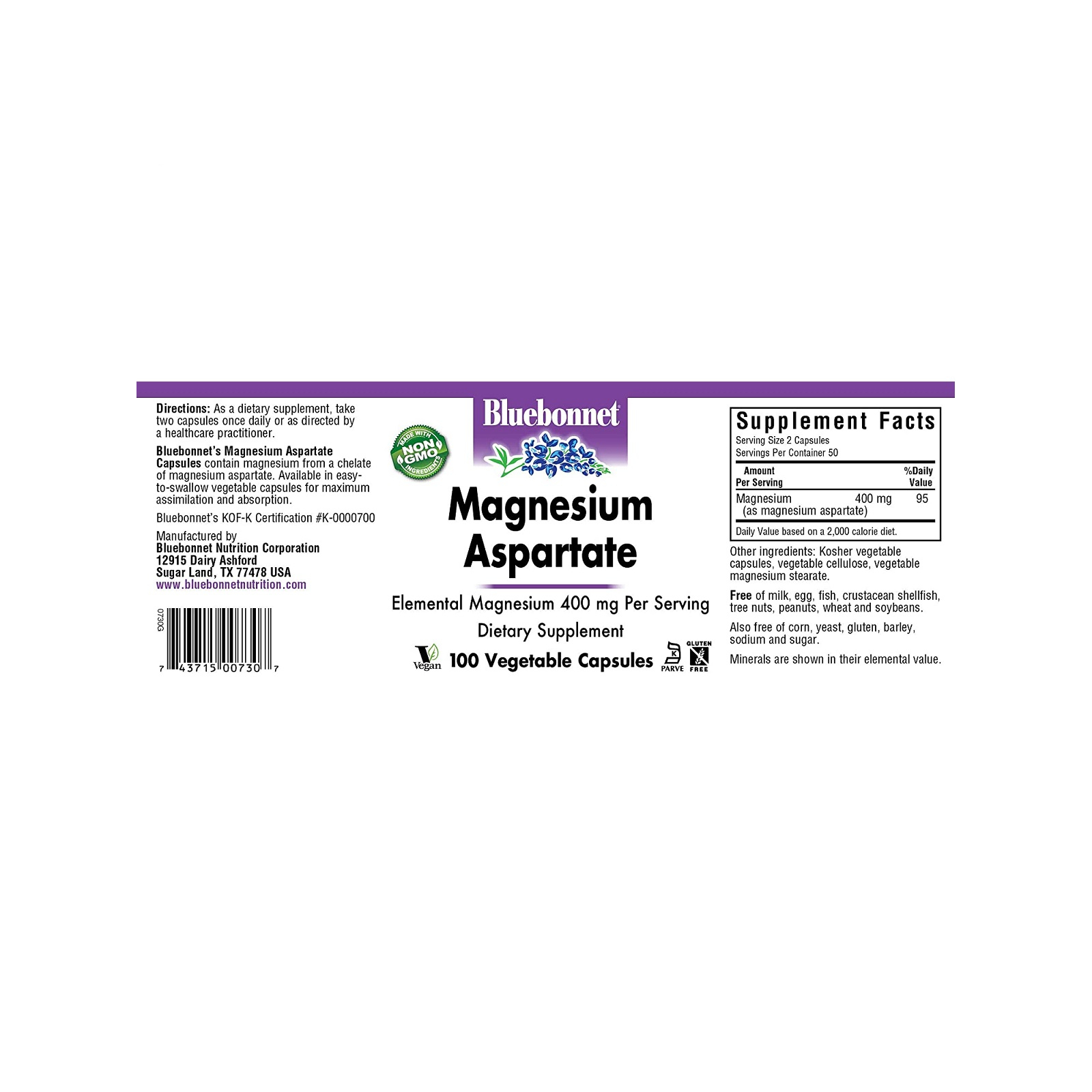 Минералы Bluebonnet Nutrition Аспартат Магния 400 мг, Magnesium Aspartate, 100 вегетариан (BLB0730) изображение 2