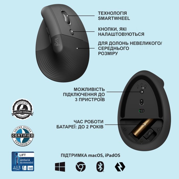 Мышка Logitech Lift Vertical Ergonomic Wireless/Bluetooth Rose (910-006478) изображение 6