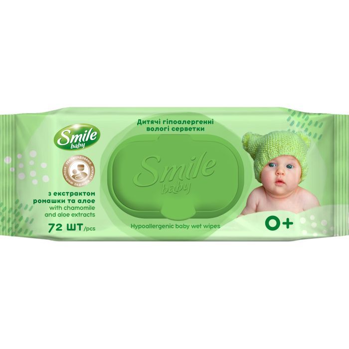Детские влажные салфетки Smile baby с экстрактом ромашки, алоэ и витаминным комплексом с клапаном 72 шт. (4823071653984)