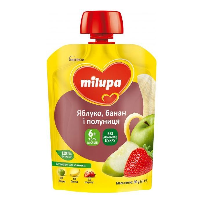 Детское пюре Milupa Яблоко, банан и клубника с 6 месяцев 80 г (6438091403587)