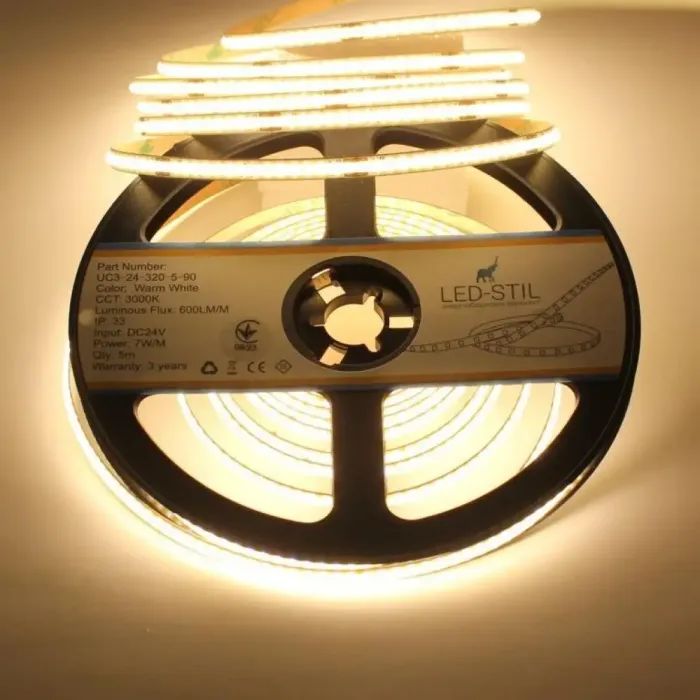Світлодіодна стрічка LED-STIL 3000K 7 Вт/м COB 320 діодів IP33 24 Вольта 600 lm тепле світло , вузька (UC3-24-320-5-90)