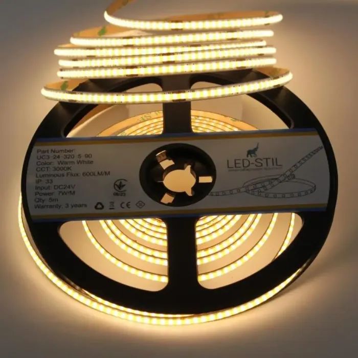 Світлодіодна стрічка LED-STIL 3000K 7 Вт/м COB 320 діодів IP33 24 Вольта 600 lm тепле світло , вузька (UC3-24-320-5-90) зображення 2