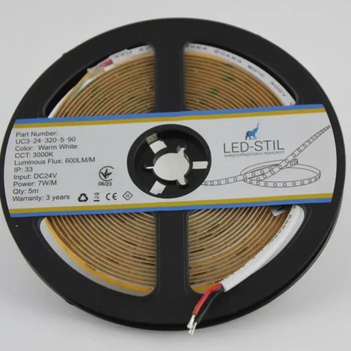 Світлодіодна стрічка LED-STIL 3000K 7 Вт/м COB 320 діодів IP33 24 Вольта 600 lm тепле світло , вузька (UC3-24-320-5-90) зображення 3