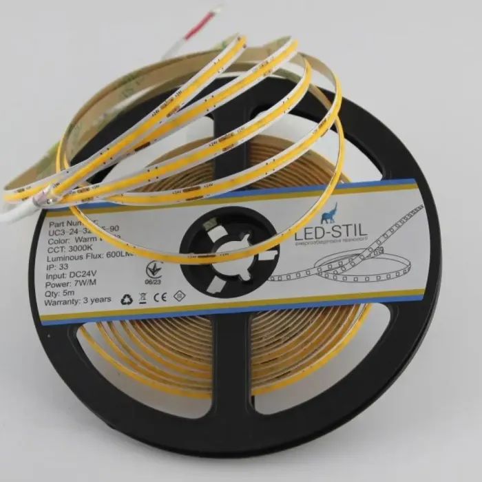 Світлодіодна стрічка LED-STIL 3000K 7 Вт/м COB 320 діодів IP33 24 Вольта 600 lm тепле світло , вузька (UC3-24-320-5-90) зображення 4