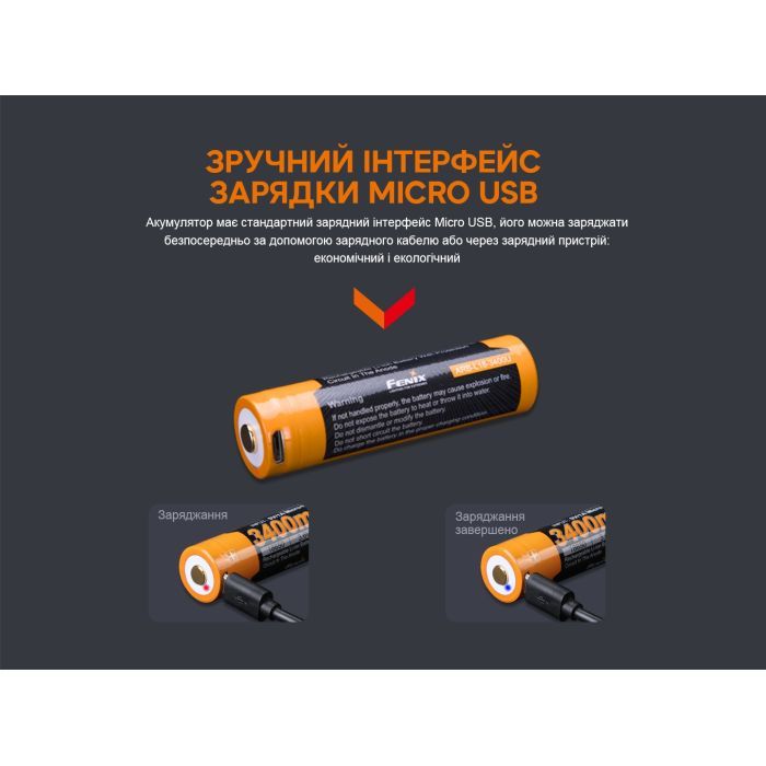 Аккумулятор Fenix 18650 3400 mAh micro usb зарядка (ARB-L18-3400U) изображение 5
