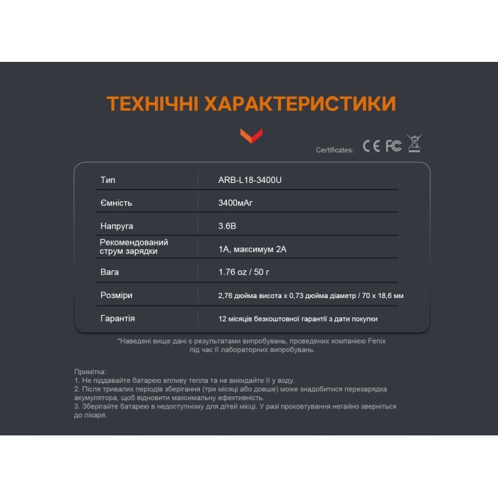 Аккумулятор Fenix 18650 3400 mAh micro usb зарядка (ARB-L18-3400U) изображение 8