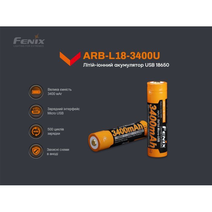 Аккумулятор Fenix 18650 3400 mAh micro usb зарядка (ARB-L18-3400U) изображение 9