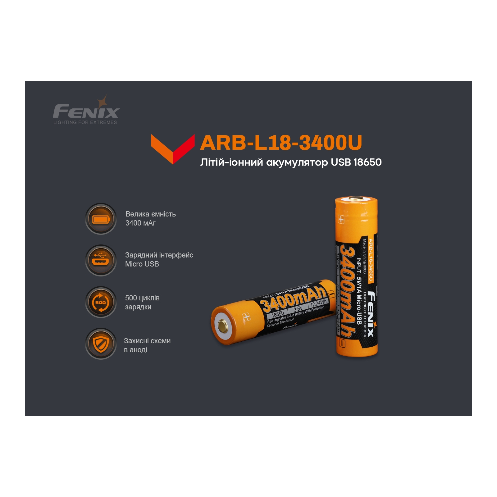 Акумулятор Fenix 18650 3400 mAh micro usb зарядка (ARB-L18-3400U) зображення 9
