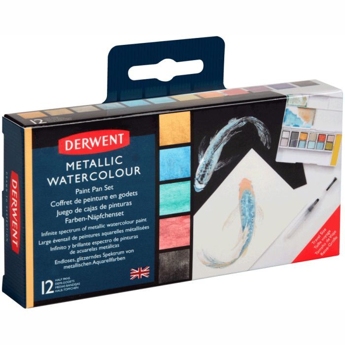 Художественный набор Derwent Metallic Paint Pan, 12 цветов+кисть с резервуаром (5028252599924) изображение 2