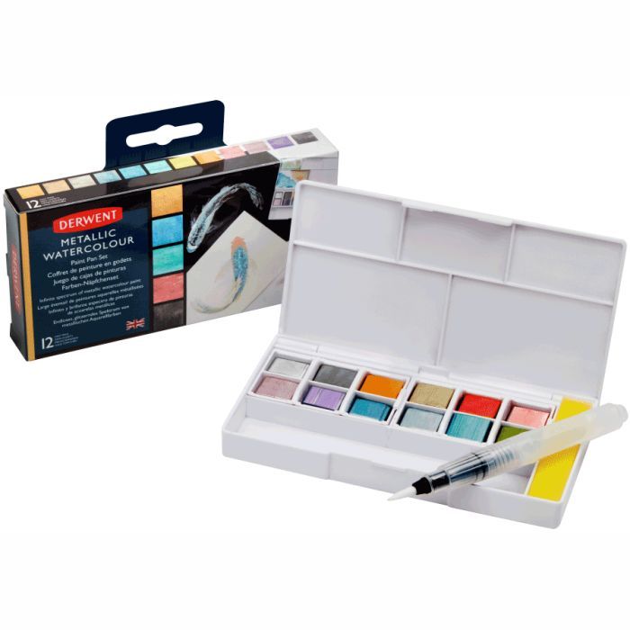 Художественный набор Derwent Metallic Paint Pan, 12 цветов+кисть с резервуаром (5028252599924) изображение 3