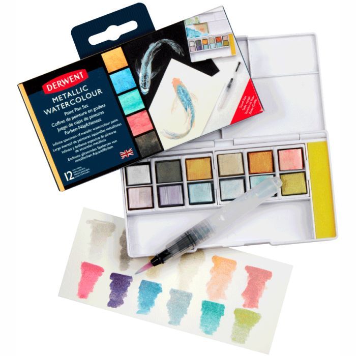 Художественный набор Derwent Metallic Paint Pan, 12 цветов+кисть с резервуаром (5028252599924) изображение 7