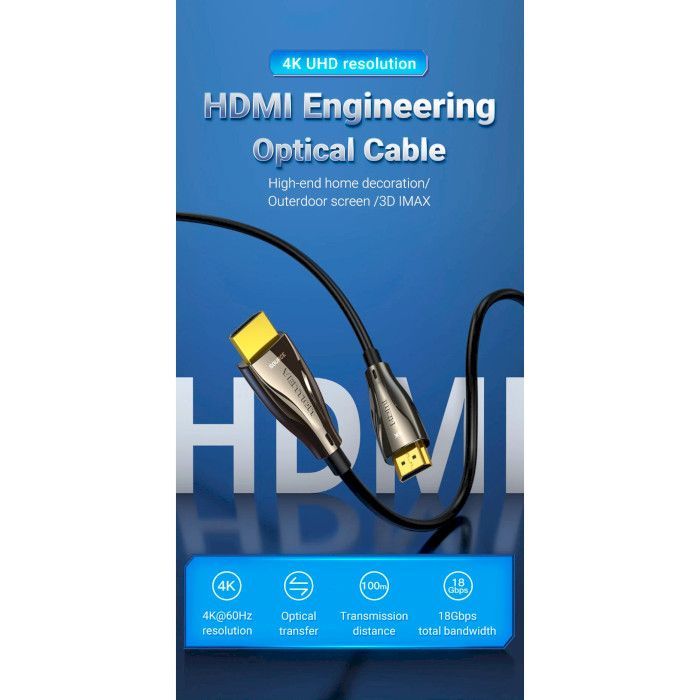 Кабель мультимедийный HDMI to HDMI 50.0m V2.0 Optical 4K 60Hz 18Gbps Dolby 7.1 PVC Black Zinc Alloy Vention (ALABX) изображение 3