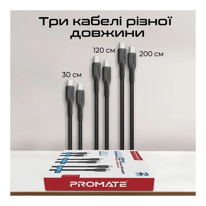 Дата кабель USB-C to USB-C cablekit-cc.black Promate (cablekit-cc.black) изображение 3