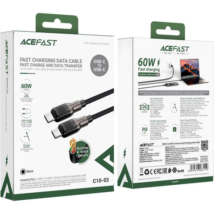 Дата кабель USB-C to USB-C 1.2m 3A silicone braid C10-03 Acefast (6974316283119) изображение 5
