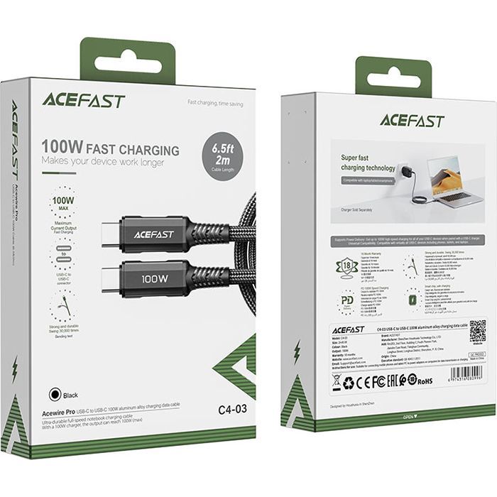 Дата кабель USB-C to USB-C 2.0m 5A 100W nylon black Acefast (AFC4-03B) зображення 3