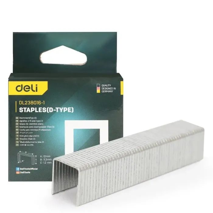 Скобы для строительного степлера Deli D-тип, 12 мм, 1000шт (EDL238014-1)