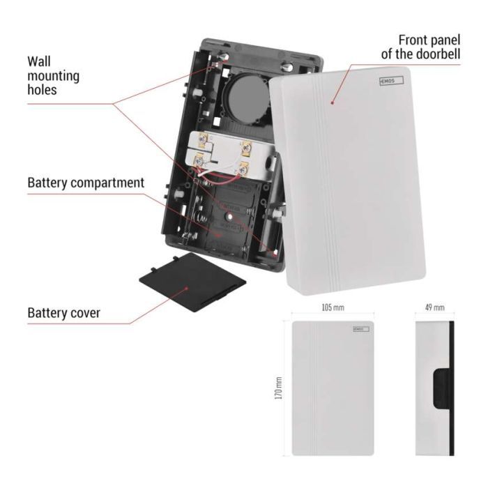 Дверной звонок EMOS P57102 Wiredl 4AA (1.5V) or 8/12/24V (P57102) изображение 6