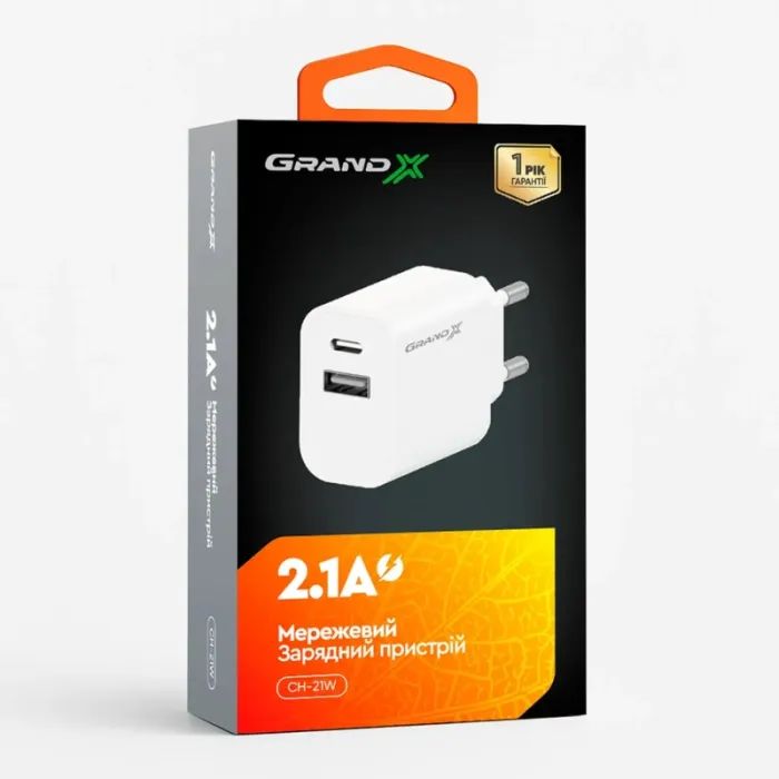 Зарядное устройство Grand-X 1xUSB-C + 1xUSB 21W OCP white (CH-21W) изображение 5