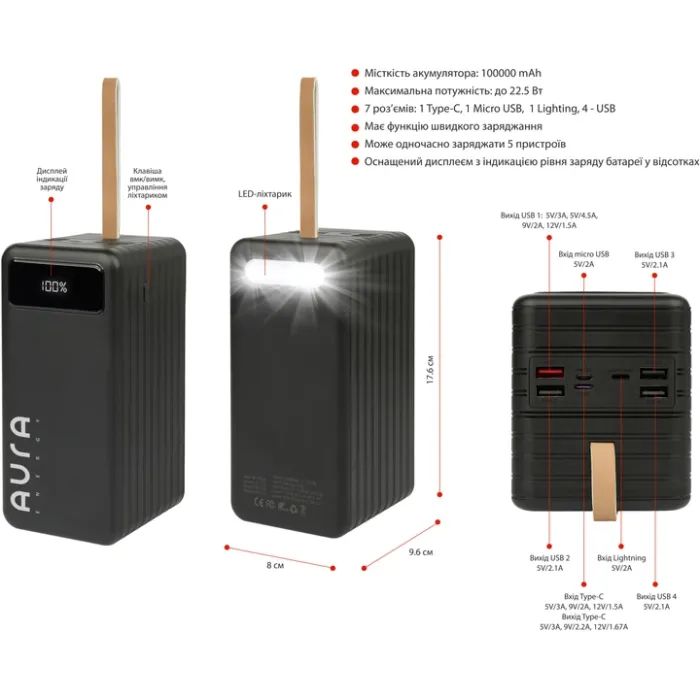 Батарея универсальная AURA NRG-P100 100000mAh 22.5W Black (PBANRG-P100B) изображение 2