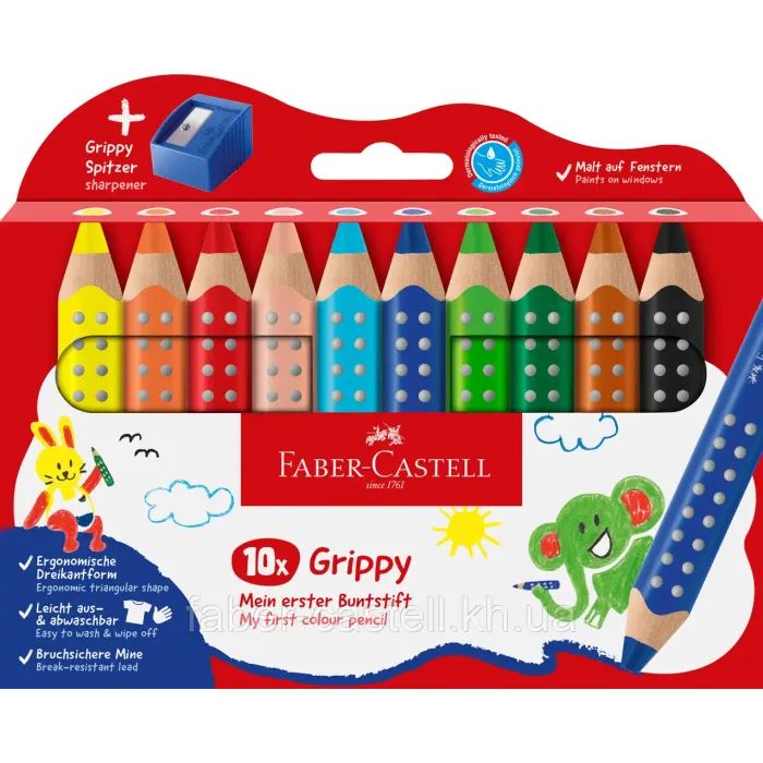 Карандаши цветные Faber-Castell Jumbo Grippy акварельні, 10 кольорів + стругачка (110636) (33043)