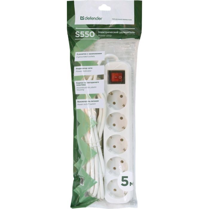 Мережевий подовжувач Defender S550 5.0 m 5 роз switch white (992430) зображення 4
