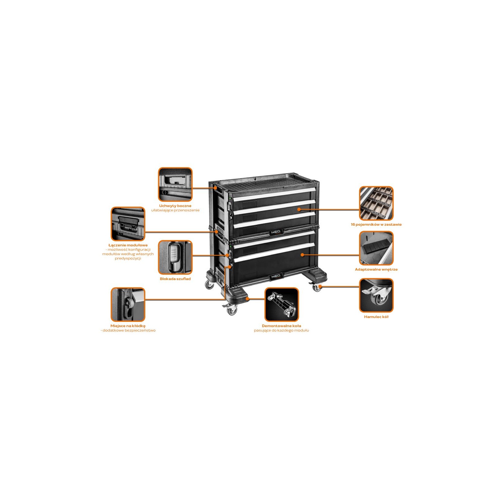 Тележка для инструмента Neo Tools 5 ящиков, боковые ручки, 24 контейнера, тормоз, блокиратор (84-226) изображение 2