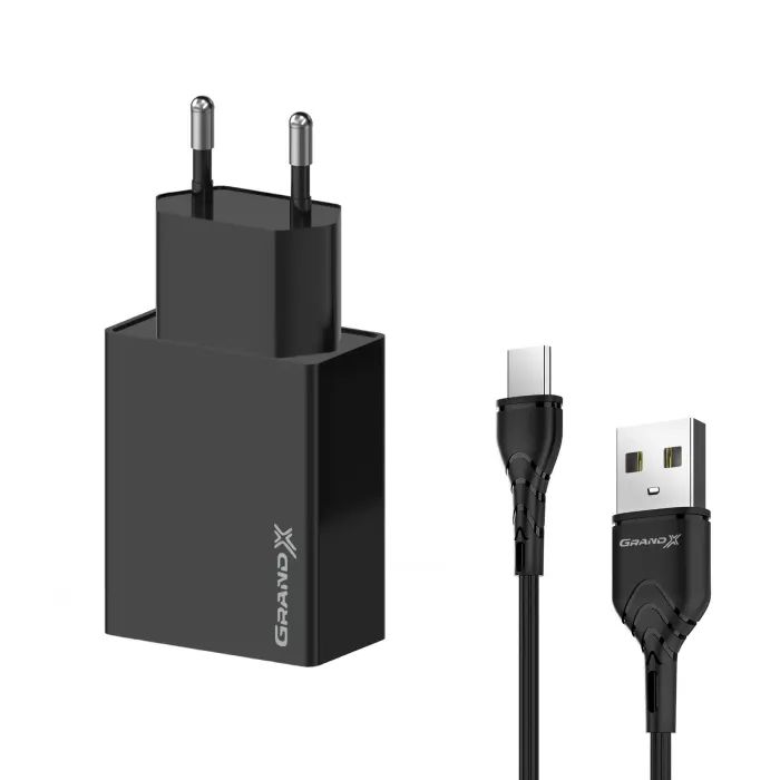 Зарядний пристрій Grand-X CH-15T 5V 2.1A 2USB Black + cable USB -> Type-C (CH-15T) зображення 2