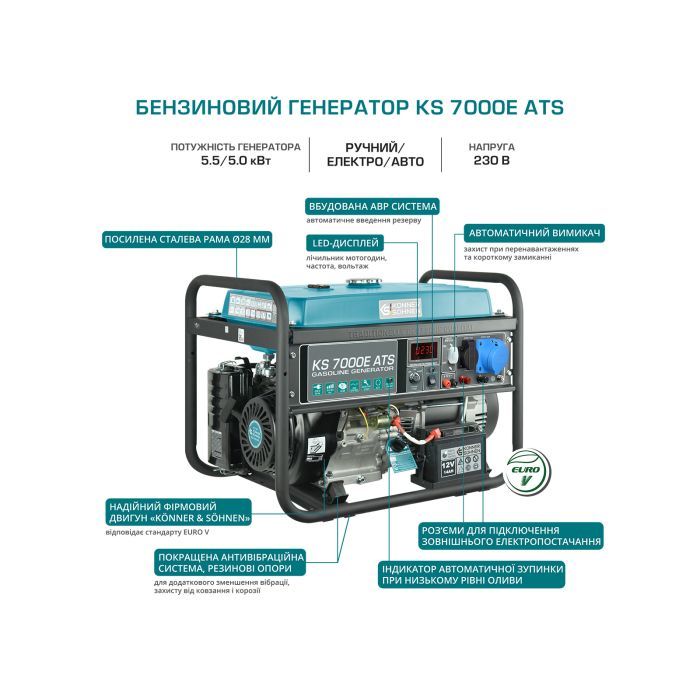 Генератор Konner&Sohnen KS 7000E ATS, 230V, 5.5kW, АВР(ATS), электростартер, 76.8кг (KS7000EATS) изображение 8