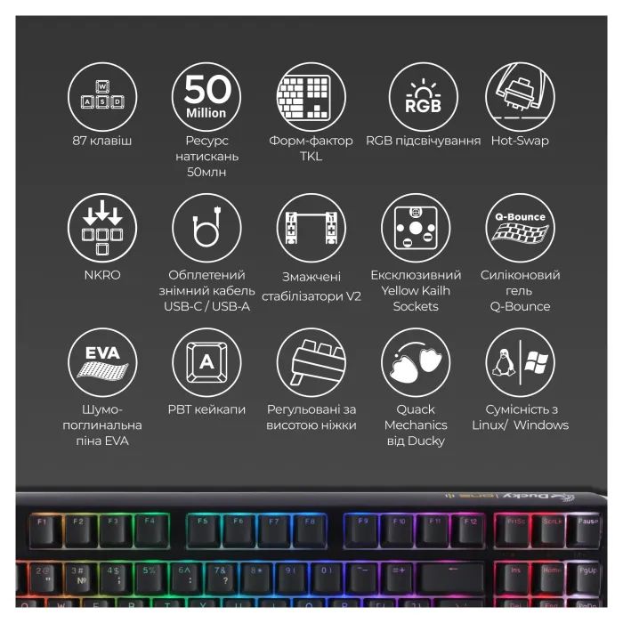 Клавиатура Ducky One 3 TKL Cherry MX Brown RGB UA USB White (DKON2187ST-BUAPXPWWWSC1) изображение 4