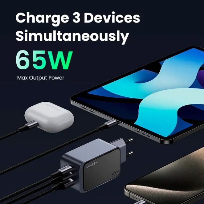 Зарядное устройство Ugreen 3xUSB 65W (2xUSB-C+USB-A) Gan Nexode Fast Charger Grey X553 (35042) изображение 3
