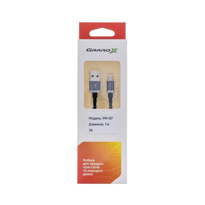 Дата кабель USB 2.0 AM to Micro 5P 1.0m 3A silver black Grand-X (FM07SB) изображение 3