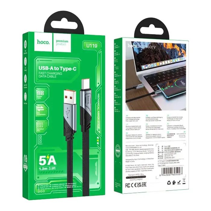 Дата кабель USB 2.0 AM to USB-C 1.2m 5A nylon black HOCO (6942007605007) изображение 4