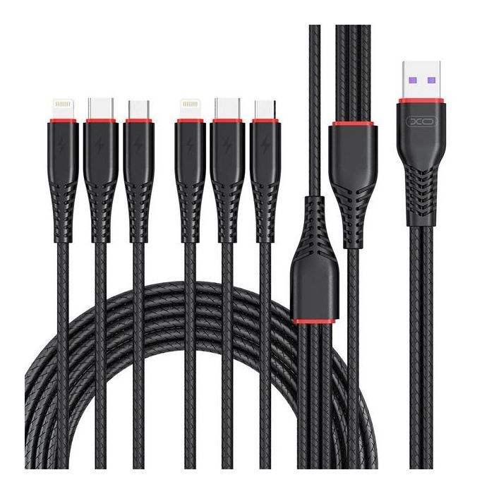Дата кабель USB 2.0 AM to 2xLightning + 2xMicro 5P + 2xUSB-C 1.2m black XO (XO-NB196-6in1)