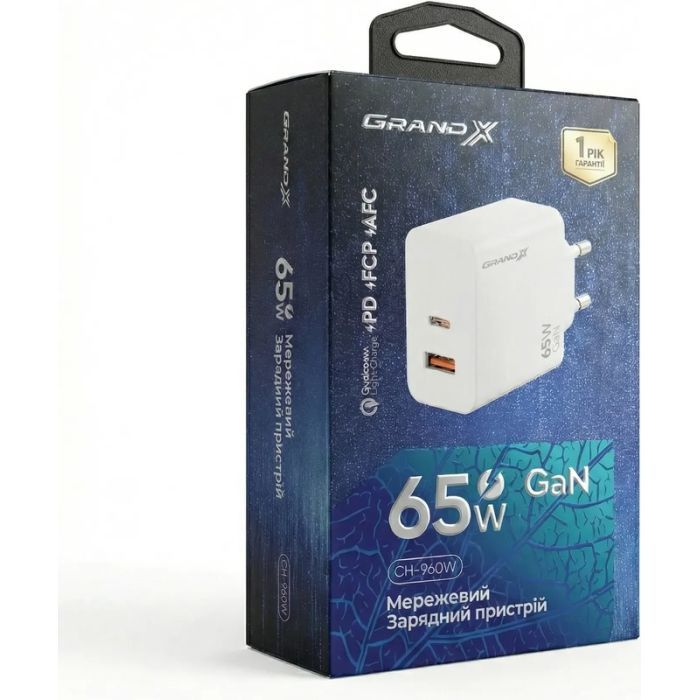 Зарядное устройство Grand-X GaN 1xUSB-C + 1xUSB 65W PD3.0 QC4.0 AFC SCP FCP white (CH-960W) изображение 5