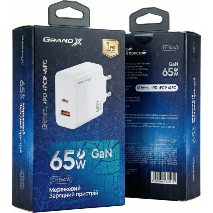 Зарядное устройство Grand-X GaN 1xUSB-C + 1xUSB 65W PD3.0 QC4.0 AFC SCP FCP white (CH-960W) изображение 6