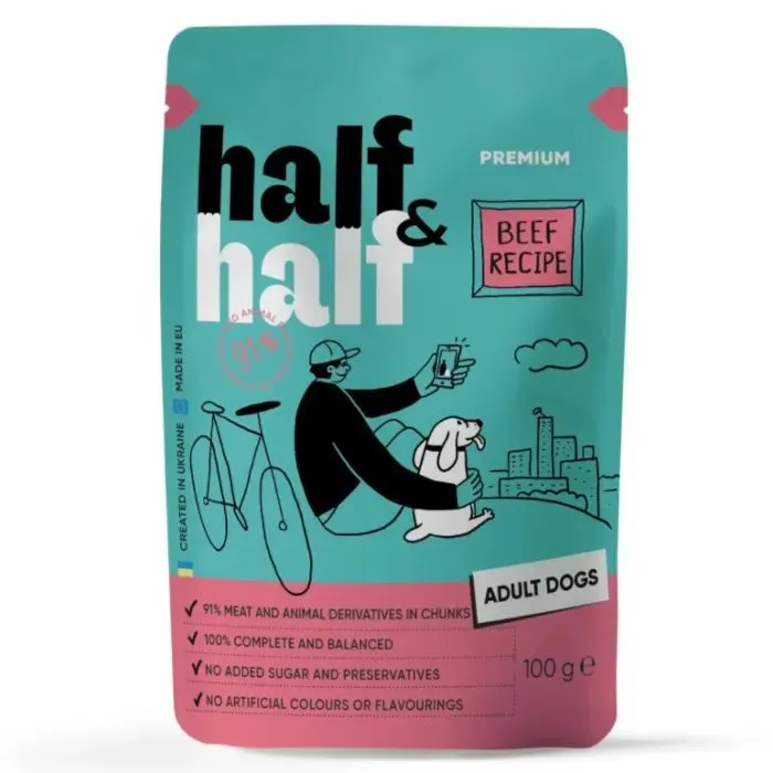 Вологий корм для собак Half&Half шматочки яловичини в соусі 100 г (4820261921267)