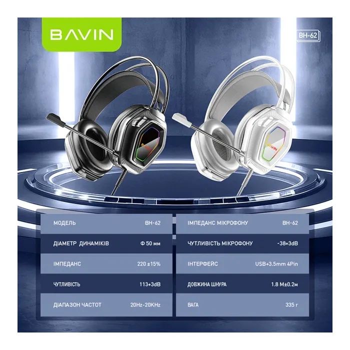 Наушники BAVIN BH-62 Gaming Hi-Res RGB LIGHT Black (HB-BH-62-BK) изображение 8