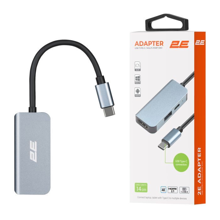 Концентратор 2E USB-C 4-in-1 1xUSB 3.0 + 1xUSB-C PD + HDMI 0.14m gray (2E-W2680) зображення 9
