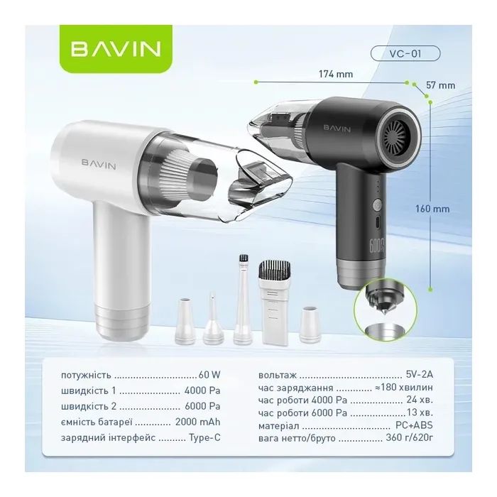 Пилосос BAVIN VC-01 6000Pa 2000 mAh Black (Z-VC01 BK) зображення 9