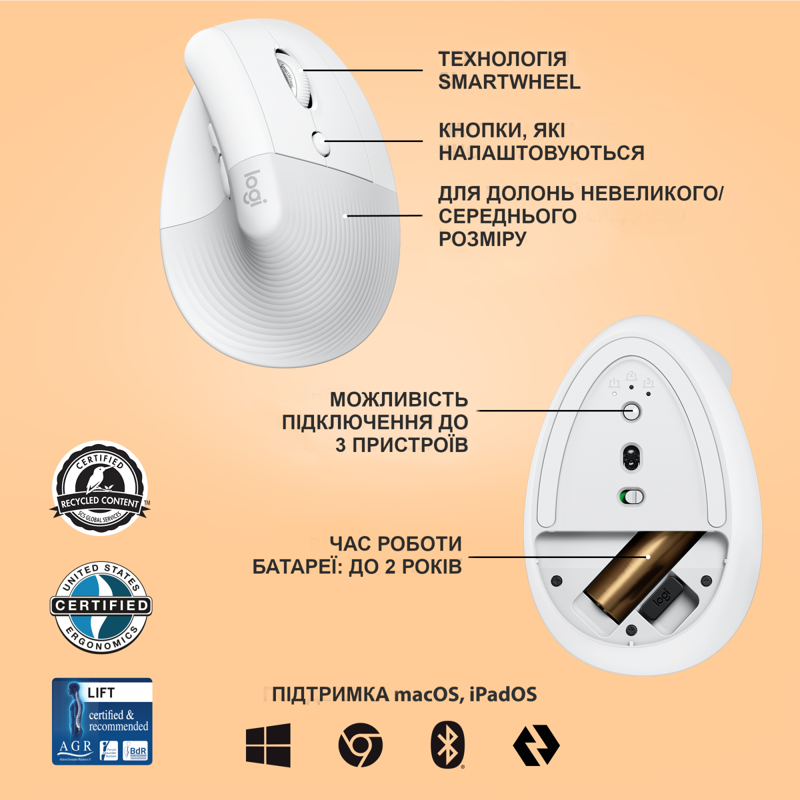 Мышка Logitech Lift Vertical Ergonomic Wireless/Bluetooth White (910-006475) изображение 6