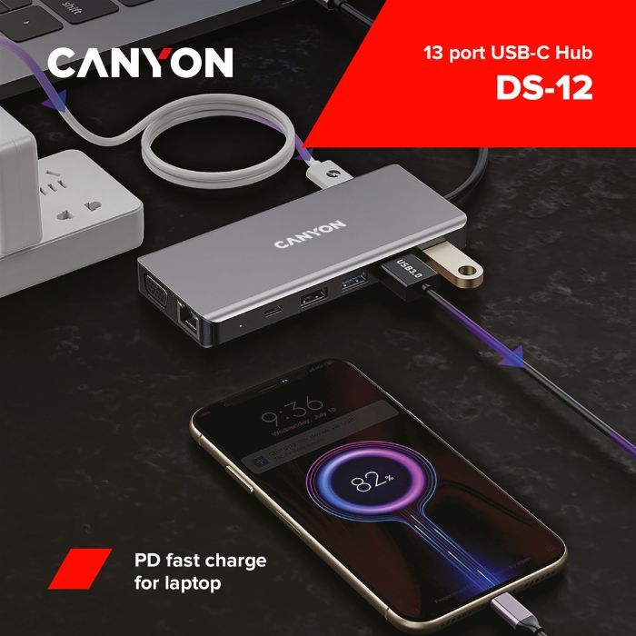 Порт-реплікатор Canyon DS-12, 13 in 1 USB-C hub, 2*HDMI, Gigabit Ethernet, VGA, 3*USB3.0, PD/100W, 3.5mm audio jack (CNS-TDS12) зображення 3