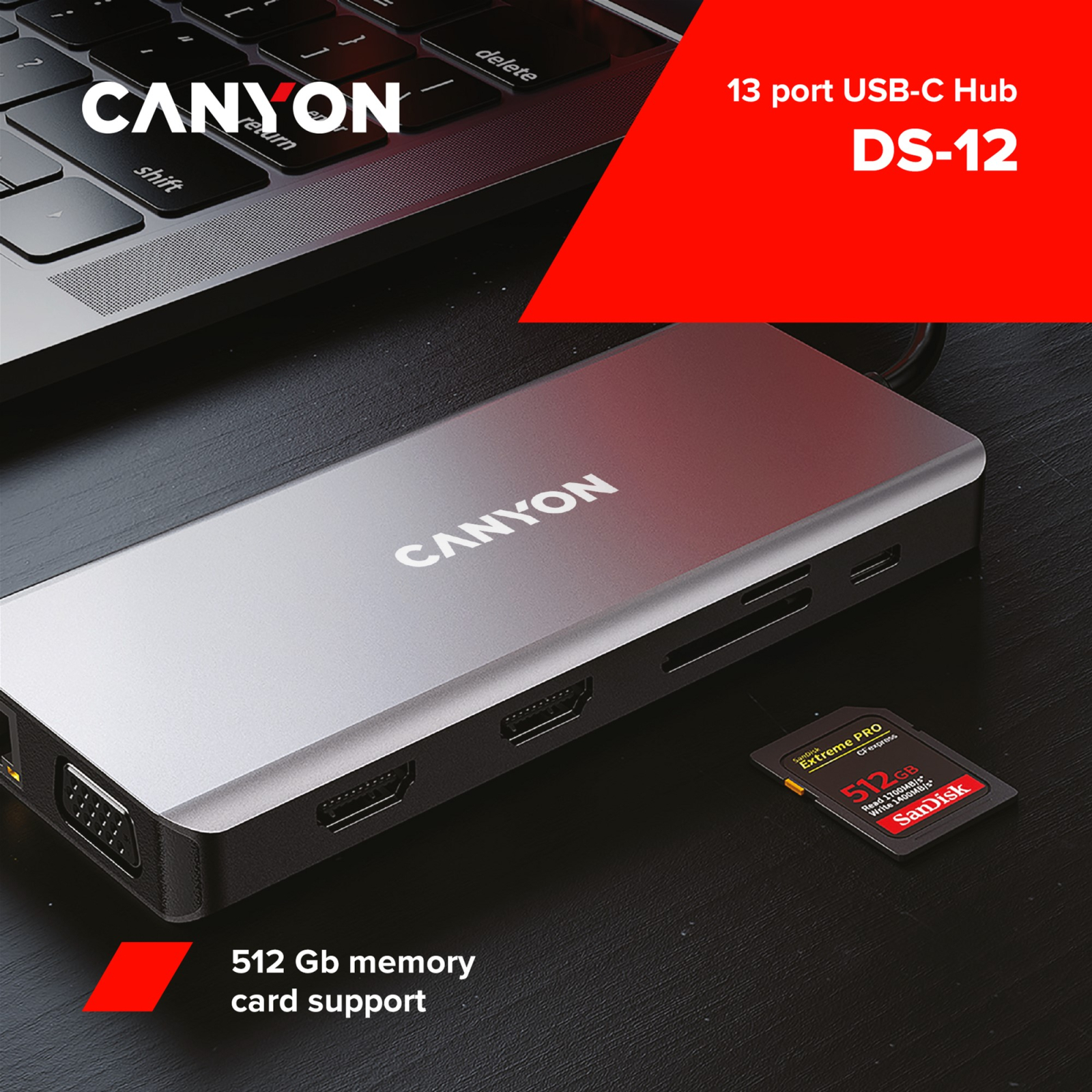 Порт-репликатор Canyon DS-12, 13 in 1 USB-C hub, 2*HDMI, Gigabit Ethernet, VGA, 3*USB3.0, PD/100W, 3.5mm audio jack (CNS-TDS12) изображение 5