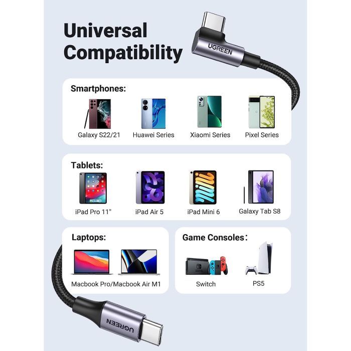 Дата кабель USB-C to USB-C 3.0m 60W US255 90-degree Angle Black Ugreen (80714) зображення 7
