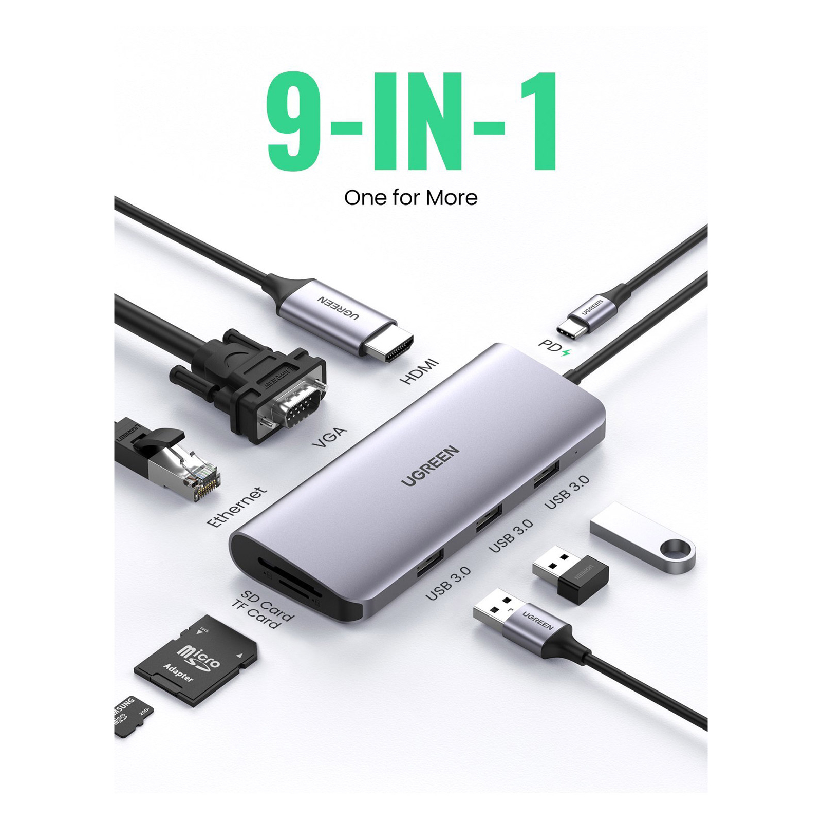 Концентратор Ugreen USB3.0 Type-C to USB 3.0x3/HDMI/VGA/RJ45/SDTF/PD CM179 gray (40873) зображення 2