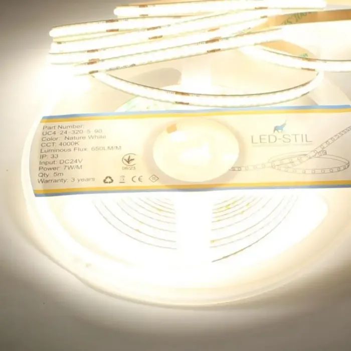 Світлодіодна стрічка LED-STIL 4000K 7 Вт/м COB 320 діодів IP33 24 Вольта 650 lm нейтральне світло, вузька (UC4-24-320-5-90) зображення 2