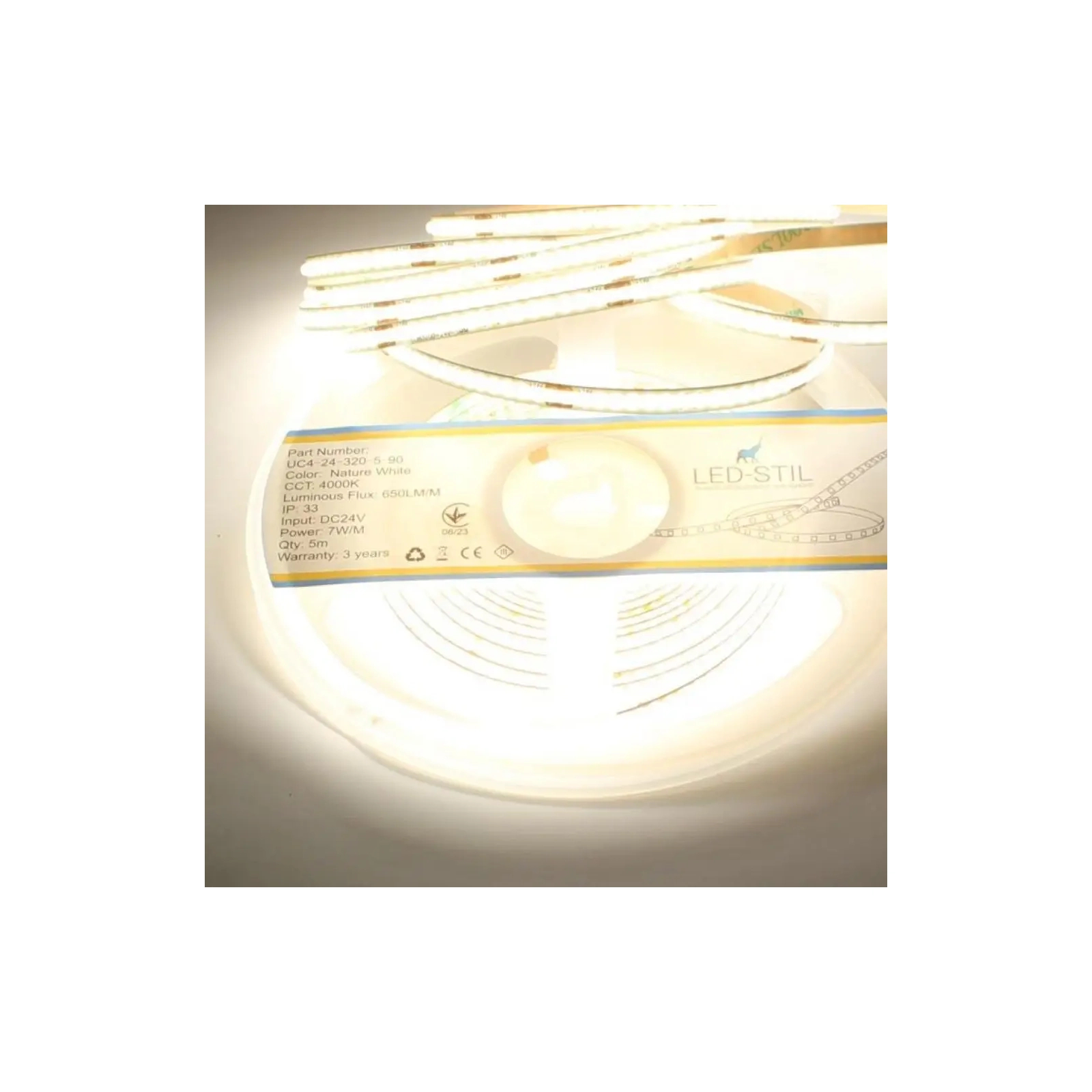 Светодиодная лента LED-STIL 4000K 7 Вт/м COB 320 диодов IP33 24 Вольта 650 lm нейтральный свет, узкий (UC4-24-320-5-90) изображение 2