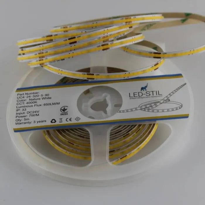 Світлодіодна стрічка LED-STIL 4000K 7 Вт/м COB 320 діодів IP33 24 Вольта 650 lm нейтральне світло, вузька (UC4-24-320-5-90) зображення 3