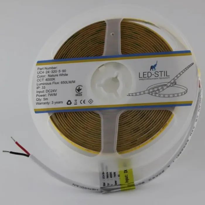 Світлодіодна стрічка LED-STIL 4000K 7 Вт/м COB 320 діодів IP33 24 Вольта 650 lm нейтральне світло, вузька (UC4-24-320-5-90) зображення 4