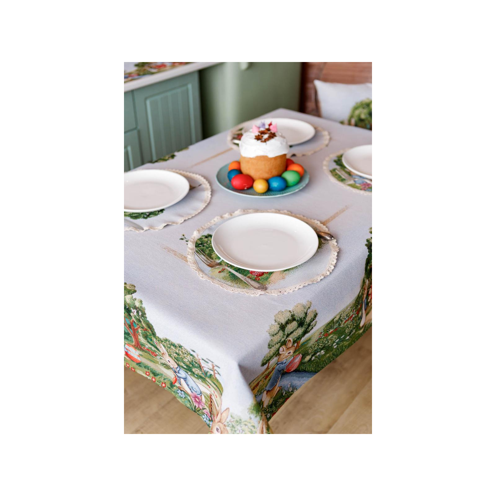 Серветка на стіл Прованс Великодня гобеленова кругла Галявина Зайчиха з зайчатами D-35 (034339) зображення 5