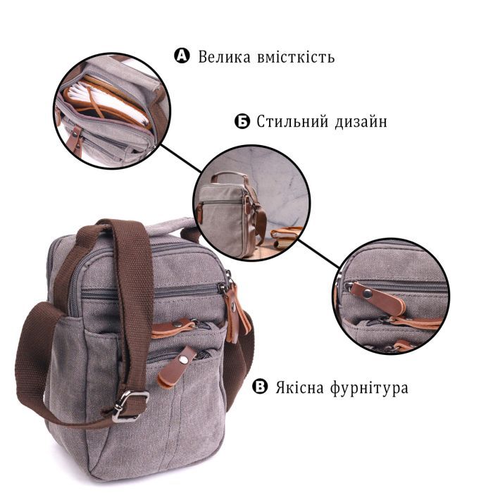 Сумка Vintage Чоловіча з текстилю Сіра (21244) зображення 4